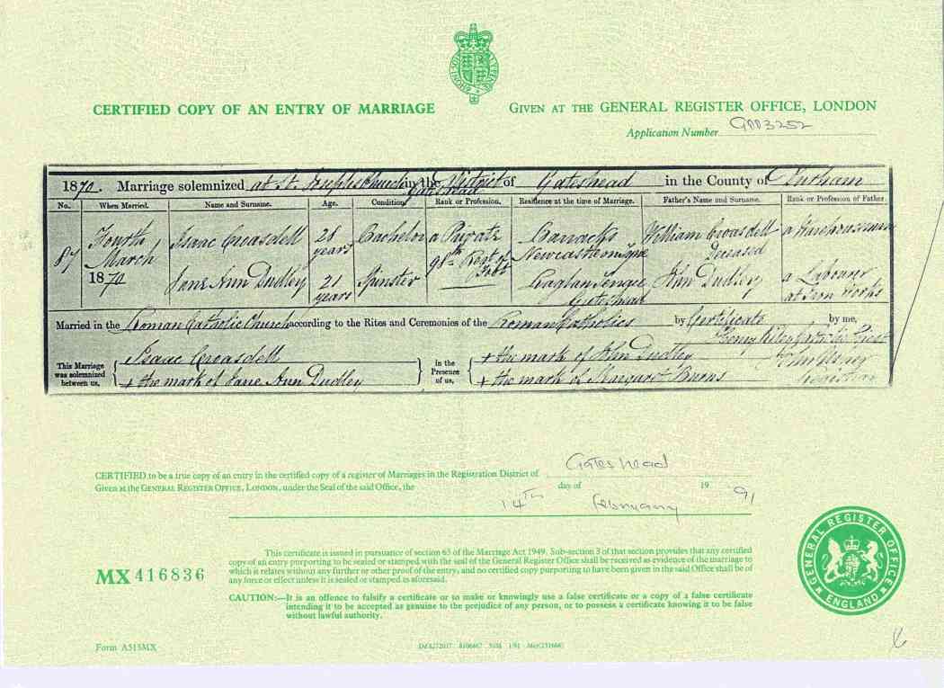 Wedding Certificate 1870